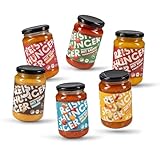 REISHUNGER BIO Fertigsauce 6er Probierset (4 x 325 ml, 2 x 320 ml) - 6 leckere Sorten: Erdnuss, Chana Dal, Süß Sauer, Kokos Curry, Tomate Kräuter und Veggie Bolognese - Fertigsaucen ideal zu Reis