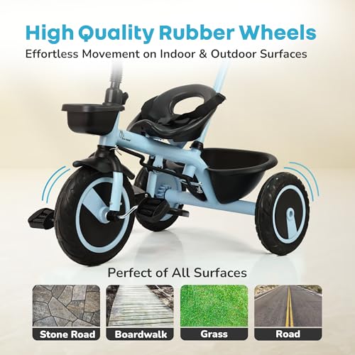 Image of R for Rabbit Tiny Toes R20 Plus Tricycle for Kids with Rubber Wheels, Adjustable Parental Control, Front & Rear Storage Basket | Baby Trike Cycle for 2 to 5 Year, Upto 25 Kgs Boy & Girl (Sky Blue)