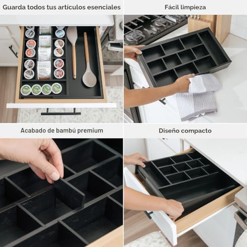 Organizador de cajones KitchenEdge negro de alta capacidad con paredes ajustables 4