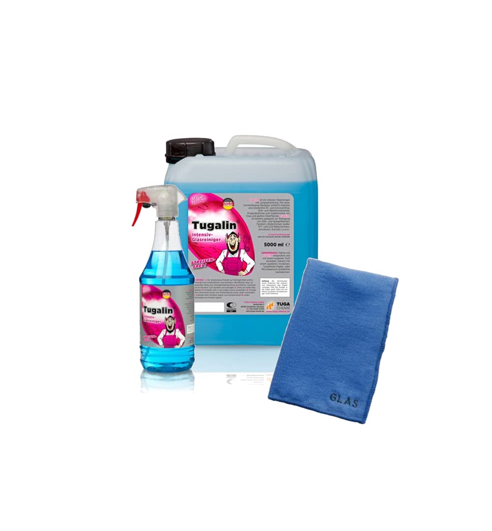 TUGA CHEMIE Kanister und Sprühflasche Glasreiniger Tugalin Streifenfrei inkl. speziellem Glastuch, 3-teiliges SET
