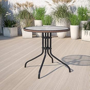 Alternative view of Flash Furniture Barker 28'' Round Tempered Glass Metal Table with Dark Brown Rattan Edging