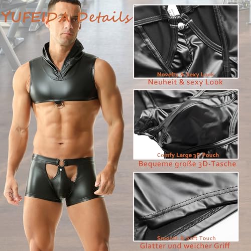 YUFEIDA Herren Kunstleder Boxershorts Wetlook Sexy Unterwäsche Boxer Shorts Slips Männer Stretch Clubwear Kurz Hose Unterhosen