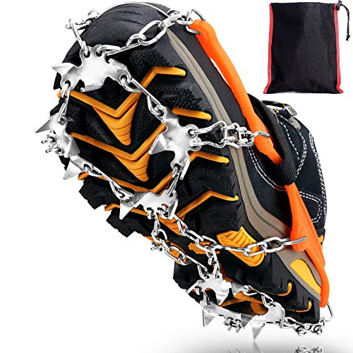 Rajvia Crampones o Tacos de Hielo con tracción Grips de Nieve para Botas, Antideslizante, 19 Picos de Acero Inoxidable protección Segura para Senderismo,Pesca,Caminata,Escalada,montañismo (Orange, M)