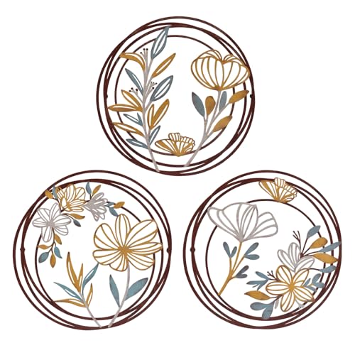 pechpell 3 Piece Metal Flower Wall Art, 11.8 Inch Floral Circle Wall Sculptures Decor, Bathroom Bedroom Kitchen Living Room Round Minimalist Decorations for Home