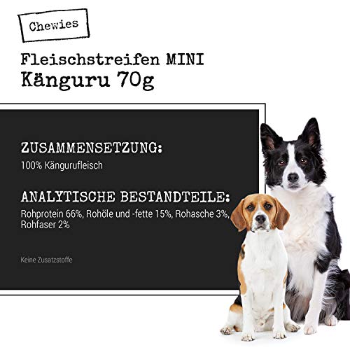 Chewies Fleischstreifen MINI Hundeleckerli aus 100 % Kängurufleisch - 70 g - Snack für kleine Hunde - luftgetrocknete Känguru Kaustreifen - hypoallergen & getreidefrei - Dörrfleisch vom Känguru