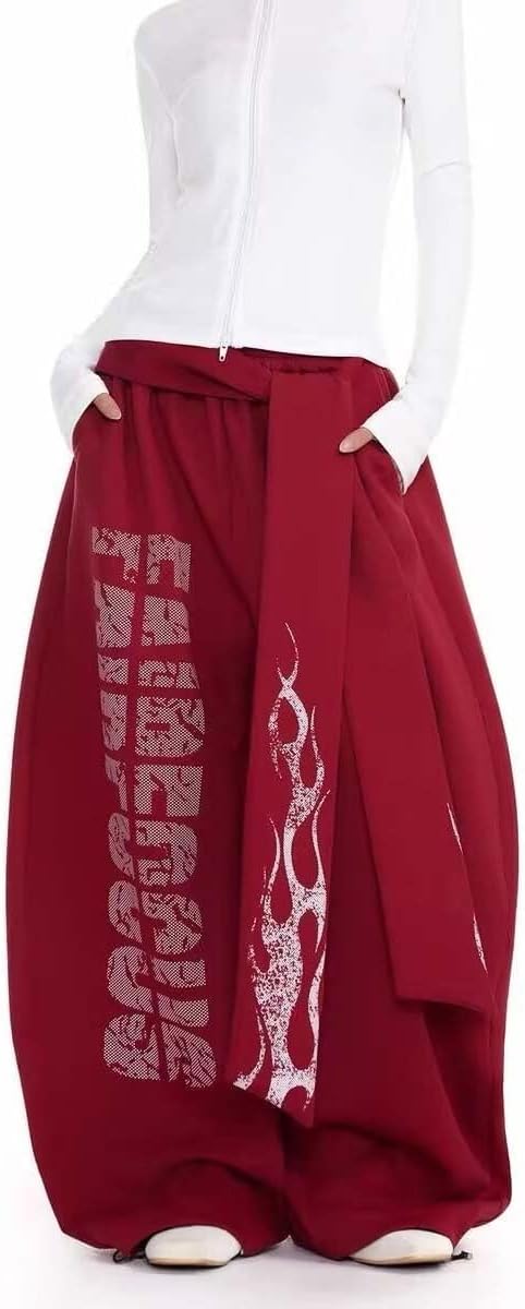 Women's Hip Hop Wide Leg Sweat Pants - Baggy Cargo Joggers with Graffiti Print & Drawstring Waist for Y2K Streetwear