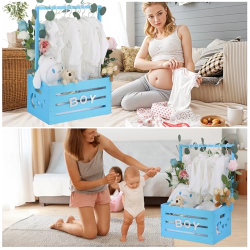 Image of Wooden Baby Shower Crate Closet, Baby Shower Basket with Handle & Rack Hangers & Garland & Letter Cards Wooden Crate for Baby Shower Gifts Toy Storage Box Welcome Newborn Parents Party - Blue