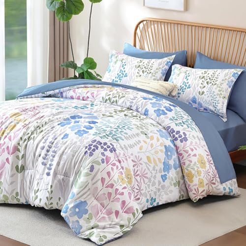 Xruibed Queen Comforter Set 7 Pieces, Blue Floral Bedding Set, Bed in a Bag Queen with Botanical Flowers Patterns, Soft Microfiber Complete Bedding Set with Sheets for All Season