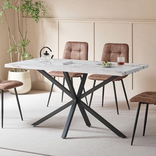 BenyLed Mesa de Comedor Rectangular de 140cm para 4-6 Personas; Mesa de Cocina Moderna con Estructura de Metal, para Comedor, Sala de Estar, Oficina, Restaurante y Pequeña Sala de Reuniones (Blanco)