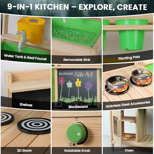BlueWood Mud Kitchen for Kids Outdoor, Wooden Play Kitchen Set with Sink, Stove, Chalkboard, Montessori Toddler Outdoor Kitchen Playset for Backyard Fun - Image 5