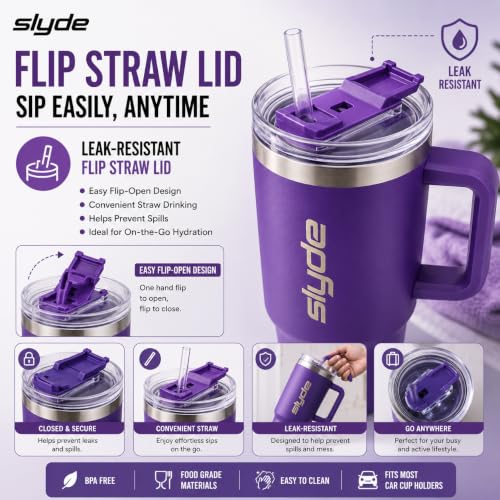 Image of Slyde 1200ml Stainless Steel Insulated Tumbler with Handle | Double Wall Vacuum Travel Mug | Leakproof Lid | Includes 2 Straws (1 Stainless Steel & 1 Plastic) Purple