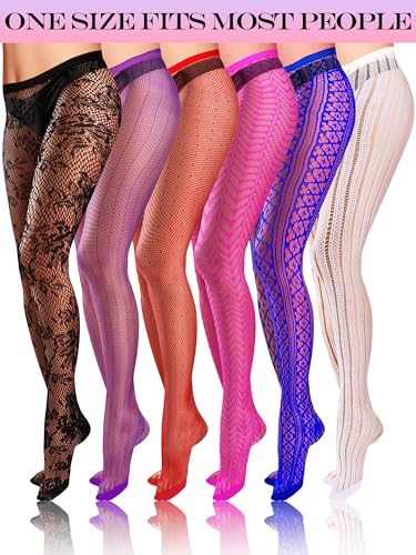 Image of Ramede 6 Pairs Women Fishnet Thigh High Stockings Waist Tights Striped Patterned Fish net Leggings Pantyhose for Halloween