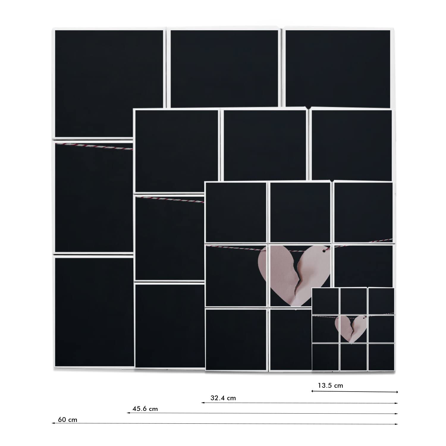 Set di 9 piastrelle in ceramica decorative, 15,2 x 15,2 cm, motivo cuore in carta rosa a metà strappato, appeso su spago rosso e bianco su fondo nero (dimensioni totali 45,6 x 45,6 cm)