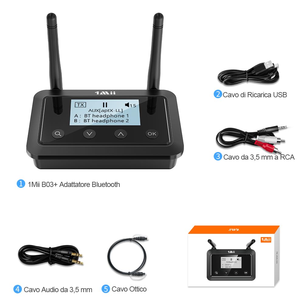 1Mii B03+ Transmisor Receptor Bluetooth para TV y Equipo HiFi, Adaptador Bluetooth 5.3 Largo Alcance para Audio TV con Pantalla, aptX Low Latency & HD & Adaptive, Entradas/Salidas Óptica RCA AUX 3,5mm