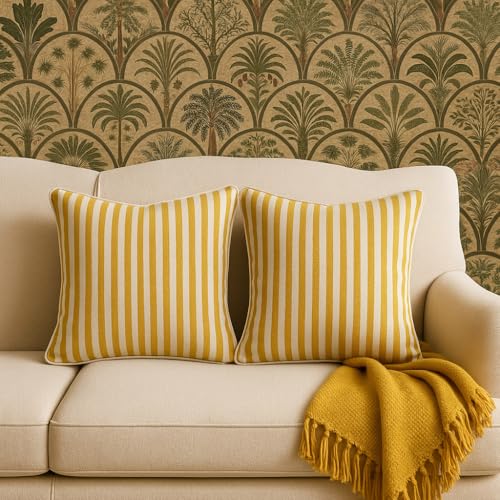 Award Velvet's - 100% Cotton - Yellow & White Stripes Cushion Covers Set of 1 (16 x 16 inches) - Cushion Covers for Sofa & Living Room Décor