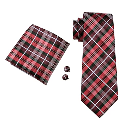 Red Plaid Pre-Bow Tie Silk Ties For Men Suspenders Handkerchief Cufflink Set Wedding Gift (Color : Red, Size : One Size) #TOP2