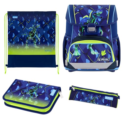 herlitz Schulranzen Set 4-teilig Loop T.Rex Explorer Blau Grün 17 L Ergonomischer Tornister mit geringem Gewicht 1. Klasse Junge Mädchen Kinder