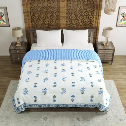 Image of BLOCKS OF INDIA Hand Block Printed Cotton King Size Quilt /Rajai | Blue Green FLR