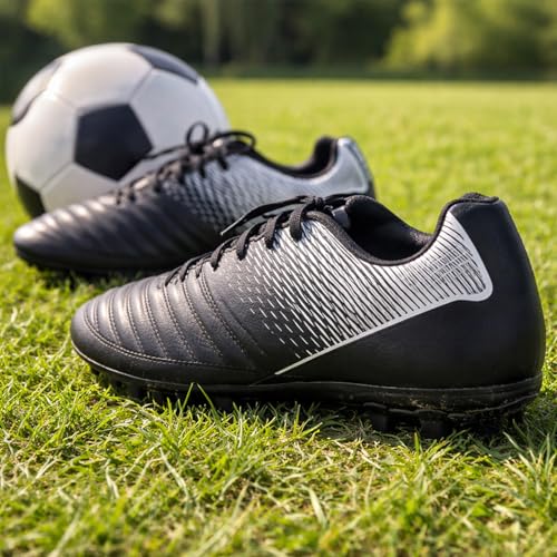 Image of Anza Shield Football Boots for Men, Black and Silver, Polyurethane, Lace-Up, Low Top, Lightweight and Durable Semi Stud