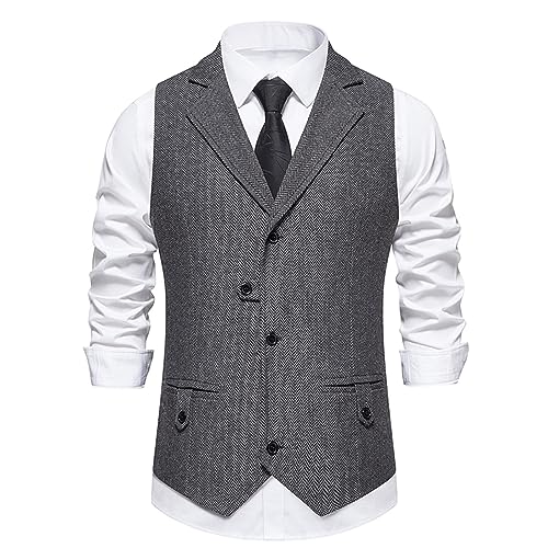 Mens Work Vests Formal Notch Collared Herringbone Tuxedo Dress Tweed Vest Groomsmen Business Casual Vests Outfits2