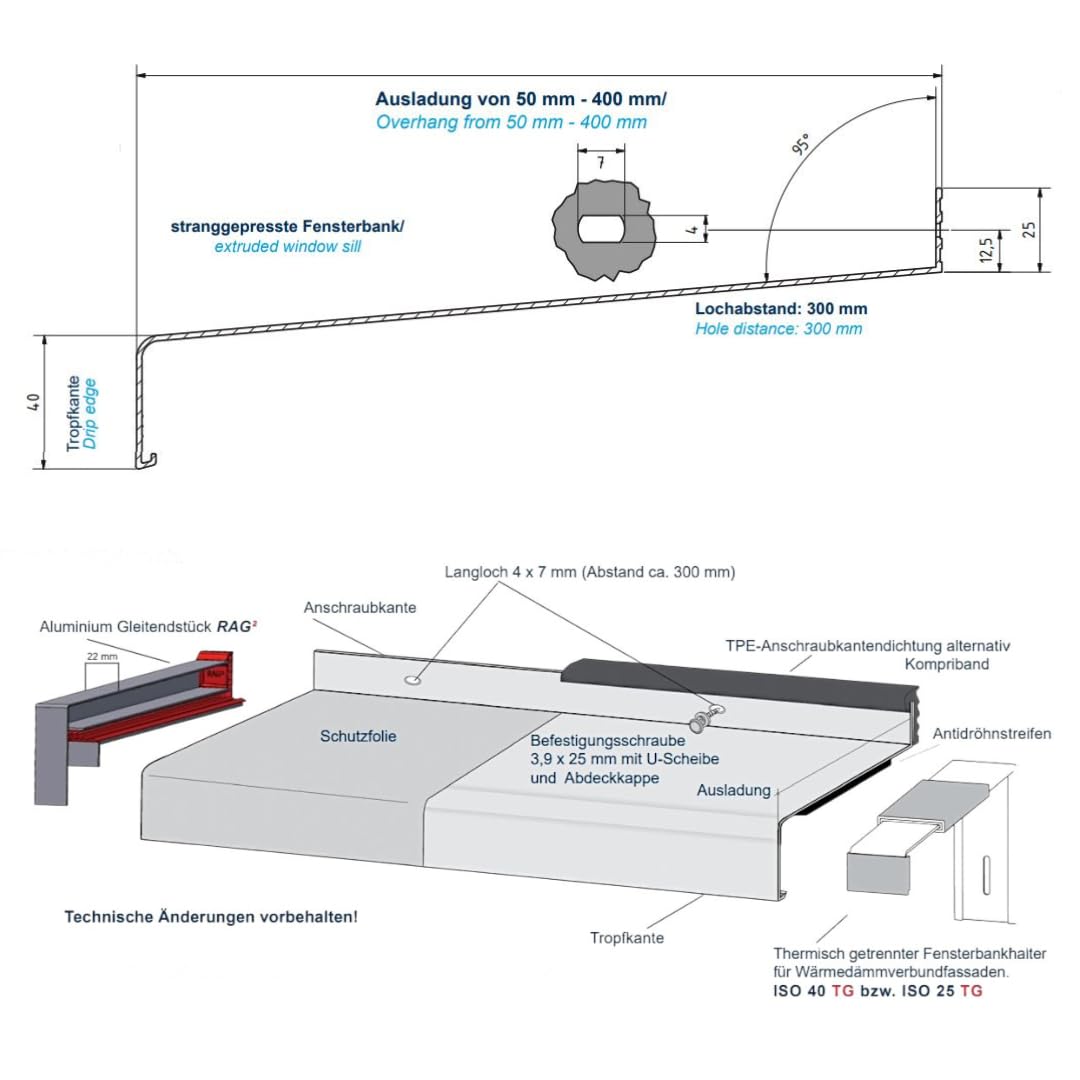 Aluminum Fensterbänke - für den Außenbereich - Individueller Zuschnitt - Putzabschlüsse und Alu-Gleitabschlüsse - EV1 silber und RAL 7016 anthrazit - Made in Germany (T 11 cm x L 90 cm)