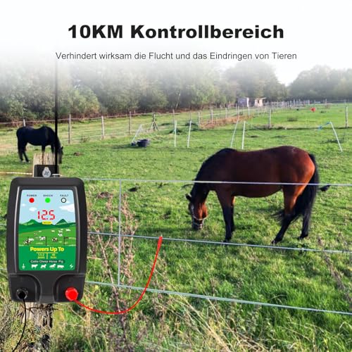 SROCHN Weidezaungerät mit LCD Anzeige, 10 km Reichweite 2 Joule 12kV, Elektrozaungerät für Rinder, Schafe und Andere Nutztiere