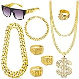 Gullora 80s 90s Hip Hop Costume Accessories Set for Men, Gold Chain with Dollar Pendant, Bracelet, Rings and Flat Top Sunglasses, Retro Rapper Outfit for Party Halloween