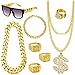 Gullora 80s 90s Hip Hop Costume Accessories Set for Men, Gold Chain with Dollar Pendant, Bracelet, Rings and Flat Top Sunglasses, Retro Rapper Outfit for Party Halloween