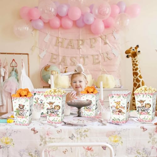 Image of JeVenis 12 PCS Pink Jungle Animal Popcorn Boxes Treat Bags Safari Animal Candy Goodie Bags for Wild One Safari Baby Shower Birthday Party Favors