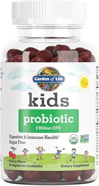 Garden of Life Kids Probiotic 3 Billion CFU, Cherry Flavor Gummies - Sugar Free Once Daily Probiotics for Kids, Probiotics Plus Fiber for Children's Digestive & Immune Health, 30 Vegetarian 