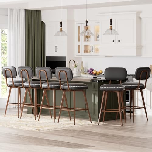 Image of MALOL 26 inch Swivel Bar Stools Set of 6, Mid Century PU Leather Counter Height Bar Chairs with Low Back and Metal Legs, Modern Bar Stool Chair for Kitchen Island, Black