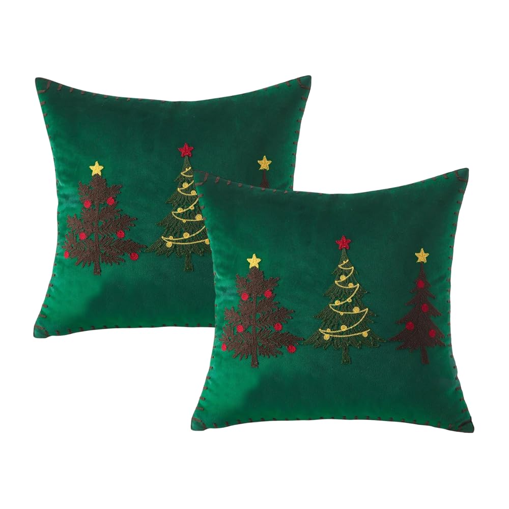 MiOYOOW 2PCS Christmas Cushion Covers, Soft Comfortable Pillow Cases with 3D Embroidery Xmas Tree Pattern for Sofa Couch Bed Bedroom Living Room