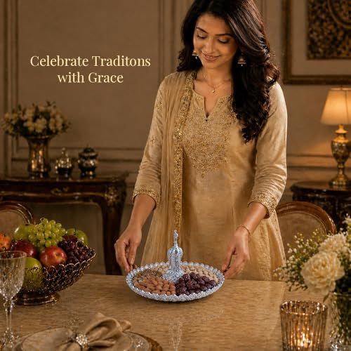 Image of Diviniti German Silver Peacock Decorative Tray for Home Decor | Luxury Dry Fruit & Sweet Serving Platter with Silver Feather Design | Premium Decorative Gift Hamper Plate with Elegant Gift Box