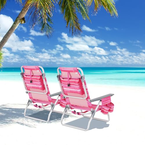 Image of Giantex Folding Beach Chair, Patio Sling Chairs with 5 Adjustable Position, Head Pillow, Storage Bag, Towel Bar, Cup Holders, Backpack Chairs for Sunbathing, Camping Chair