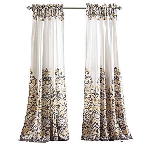 Lush Decor Clara Curtains Paisley Damask Print Bohemian Style Room Darkening Window Panel Set For Living, Dining, Bedroom (Pair), 52" W X 84" L, Gray & Yellow #TOP7