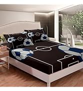 jejeloiu Football Fitted Sheet Twin Size Kids Football Court Bedding Set for Boys Girls Teens Soc...