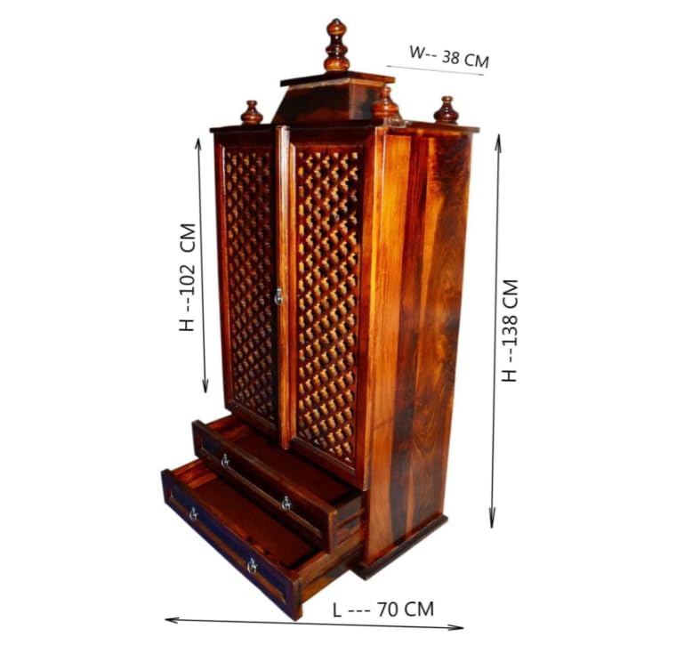 Image of Varsha Furniture Solid Sheesham Wooden Home Temple Mandir with Doors & Storage Drawers | Wooden God Stand, Pooja Stand, Home Mandap, Mandapam for Devotional Use | Honey Finish