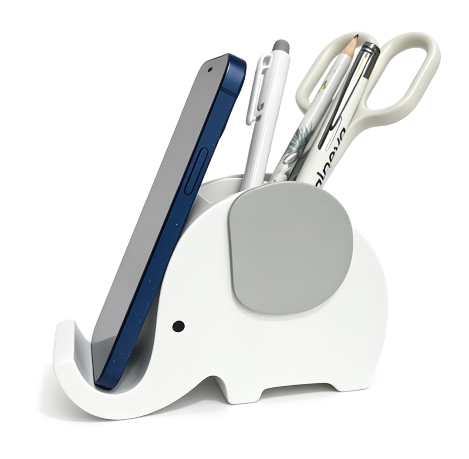 GreyZouq Elephant Pencil Holder with Phone Stand, Wooden Pen Holder and Desk Organiser, Cute Pen Pot and Desk Tidy for Home Office, White