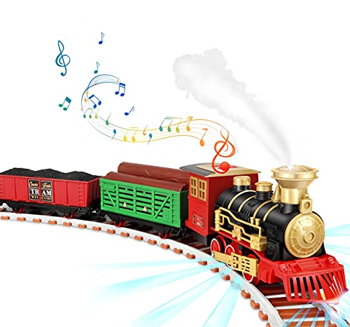 Ouriky Train Set - Electric Steam Train Set Toy for Kids with Smokes, Lights & Sounds, Railway Kits, Cargo Car & Tracks, Christmas Train Sets Under The Tree Gift for Boys Girls