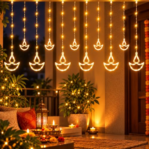 One94Store 12 Diya Curtain String LED Lights – 3 WW Diya Curtain - Image 2