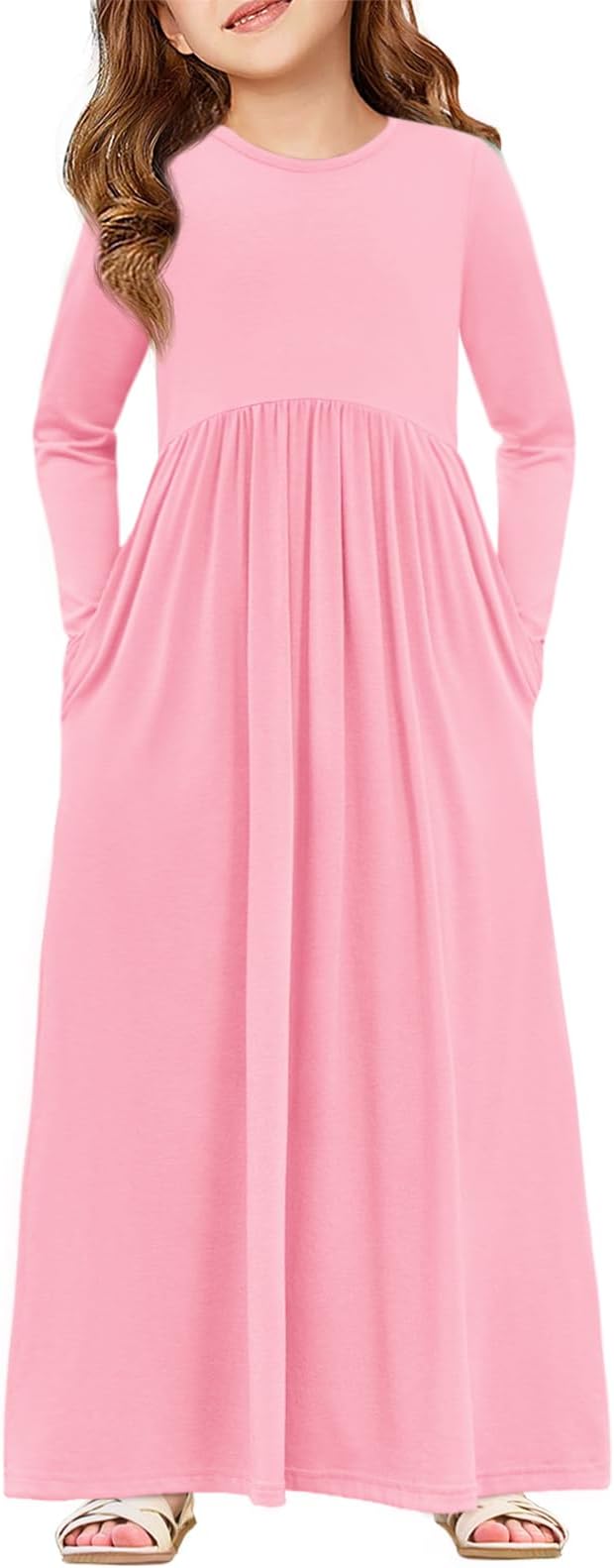 Girls Maxi Dress Long Sleeve Casual Holiday Dress with Pockets for 5-14 Years