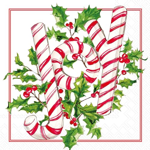 IHR Ideal Home Range Party Napkins Disposable 3-Ply Paper Lunch Napkin Pack, 6.5" x 6.5", Holly Joy Candy, 20-Count