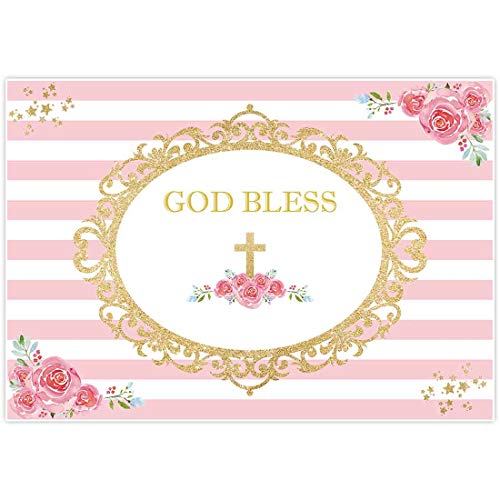 Allenjoy 7x5ft First Communion Backdrop Girl Baptism Pink Christening Floral Birthday God Bless Background Baby Shower Happy Birthday Party Cake Dessert Table Decor Decoation Banner Photo Booth
