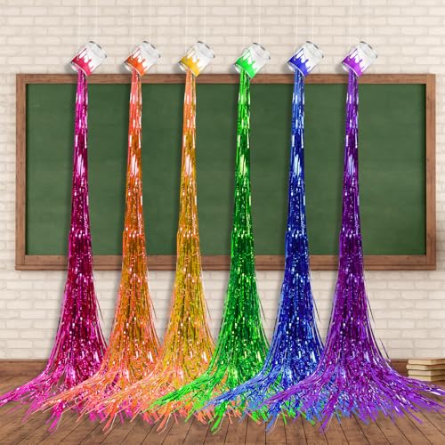 Honeydak 6 Set Art Paint Party Decoration Small Clear Paint Cans with Rainbow Foil Fringe Curtains Back to School Art Party Theme Classroom Birthday Favor DIY Colorful Splatter Backdrop Decoration
