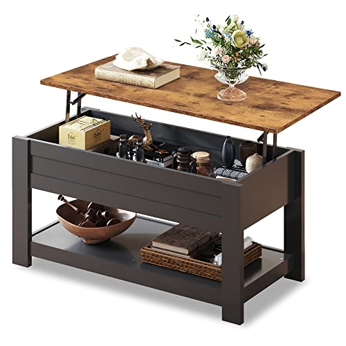 Image of WLIVE Coffee Table, 39 inch Lift Top Coffee Table with Hidden Compartment and Storage Shelf for Living Room, Rustic Brown