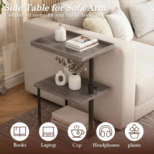 Image of Faesun C Table End Table Adjustable Height, 360Swivel TV Tray Table for Small Spaces, Small Nightstand for Living Room, Bedroom, Gray