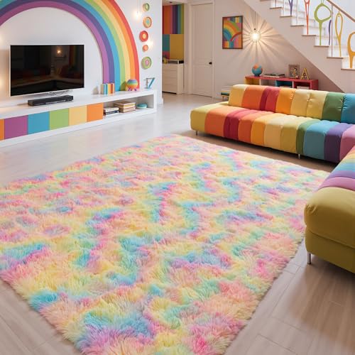 Zentavio Unicorn Rugs for Girls Room 8x10 Area Rugs for Living Room Carpet for Bedroom Washable Soft Fluffy Shag Aesthetic Plush High Pile Rug for Nursery Kids Room Dorm Room Rainbow