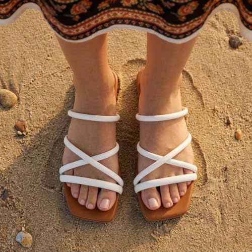 Image of Women's Flat Sandals Strappy Square Open Toe Slide Sandals Dressy Comfortable Wide Feet Friendly