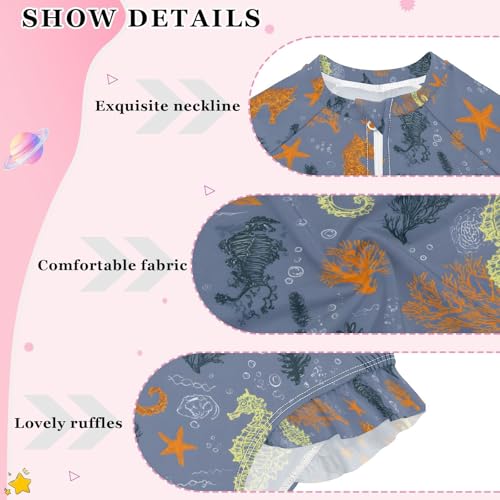 ALAZA Orange Seahorse Coral Reef Blue Girls One Piece Swimsuit Long Sleeve Rash Guard Swimsuits UV 50+ Swimwear Zipper4