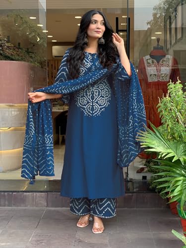 Image of GoSriKi Kurta Sets for Women Rayon Viscose Bandhani Printed | Kurti Set for Woman | Kurta Pant Dupatta Set | Straight Kurti | Round Neck 3 /4 Sleeve Suit Set for Women Stylish Ethnic Outfit